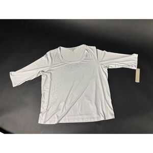 NWTLaura Ashley Blouse WM- 2X White Stretch Embellished Half Sleeve Pullover